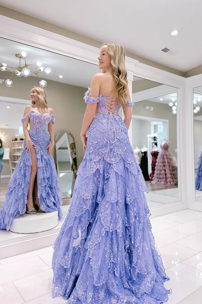 A-Line Off the Shoulder Lavender Sequin Lace Ruffle Tiered Long Prom Dresses with Slit VK021307