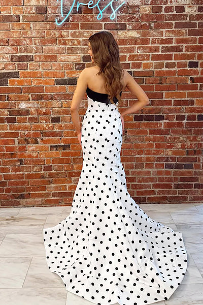 Mermaid Strapless White Black Dot Satin Long Prom Dress VK022801