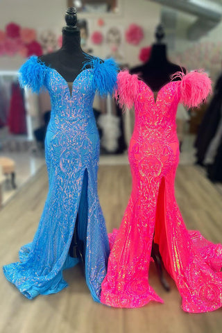 Hot Pink Feathered Off the Shoulder Sequin Lace Long Prom Evening Dresses with Side Slit VK23082114