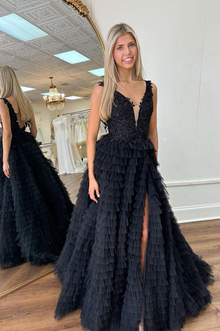 Black V Neck Ruffle Tiered Tulle A-Line Long Prom Dresses with Slit VK24040501