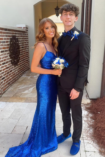 Royal Blue Sequin Keyhole Straps Mermaid Long Prom Dress with Slit VK23092405