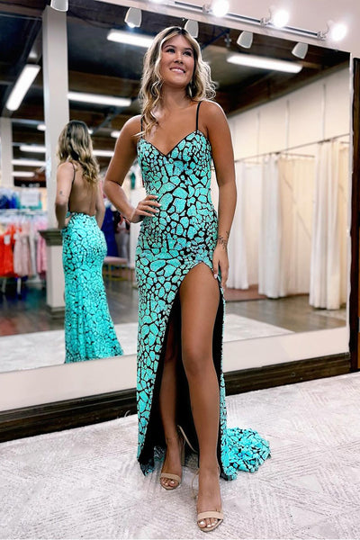 Blue Spaghetti Straps Sequin Mermaid Prom Dresses VK23121408