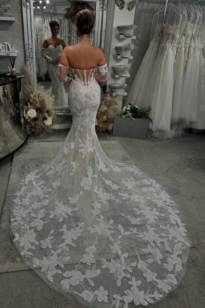 Fairy Mermaid V Neck Lace Tulle Long Wedding Dresses with Long Sleeves