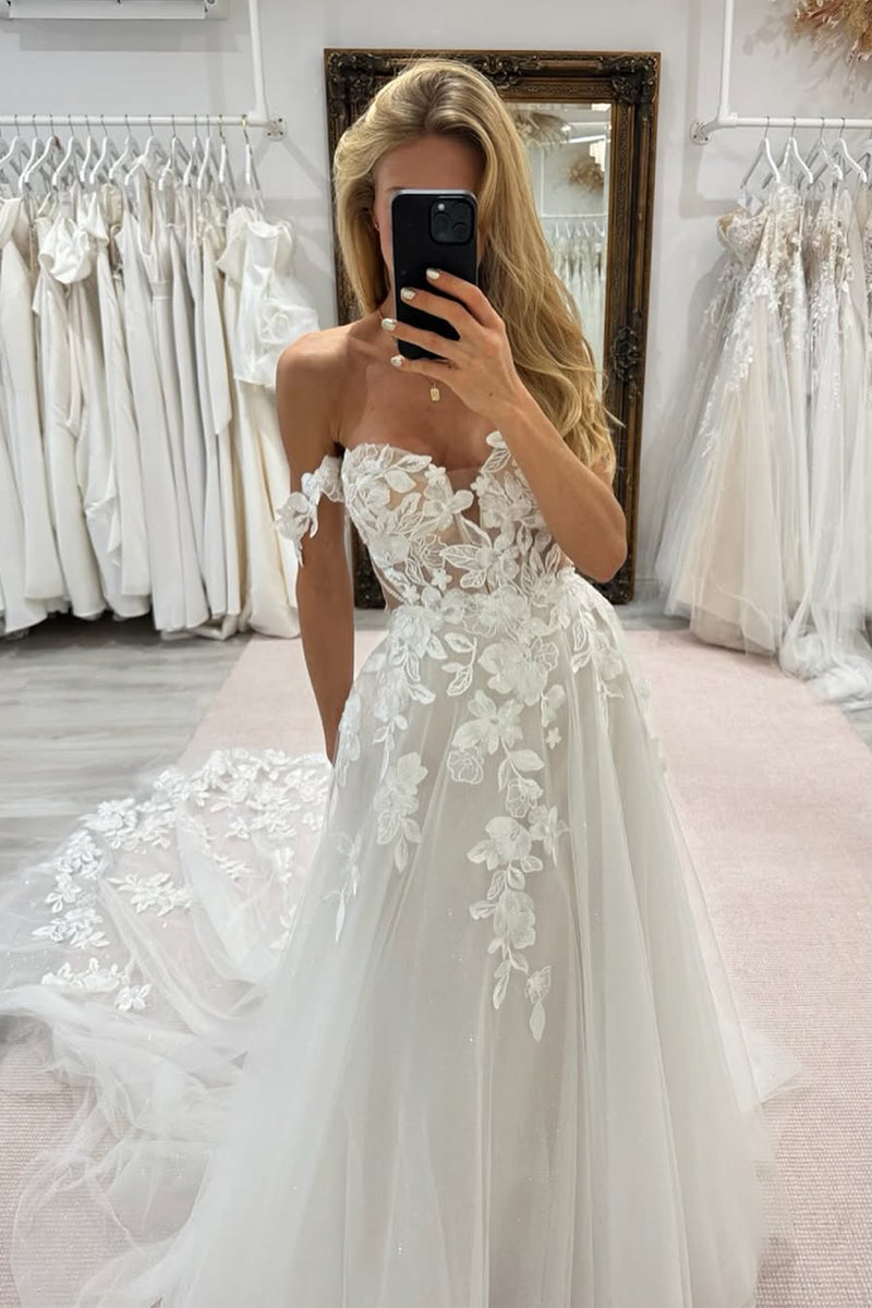 Fashion A Line Off the Shoulder Tulle Wedding Dress with Appliques VK25010609