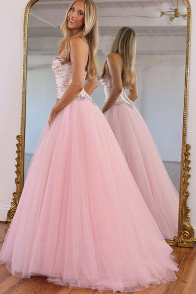 Cute A-Line Sweetheart Blush Pink Tulle Long Prom Dress with Beading VK26102605