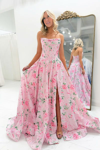 A-Line Strapless Floral Printed Satin Corset Long Prom Dress with Slit VK26030101