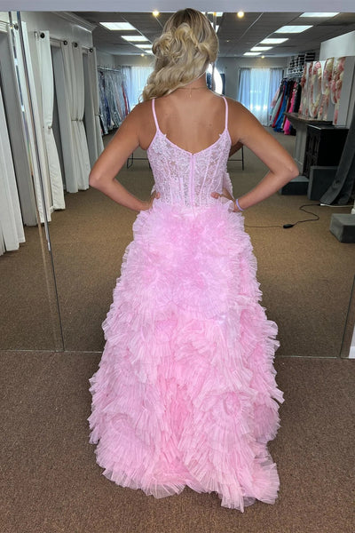 Pink Plunging V Ruffles Floral Long Prom Dress with Slit VK23102703