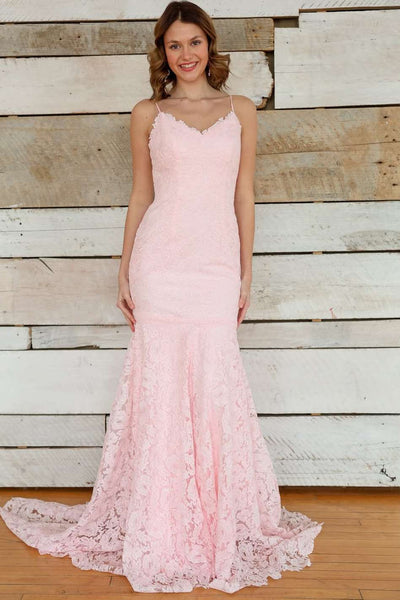 Elegant Mermaid Spaghetti Straps V Neck Pink Lace Prom Dresses VK26020502