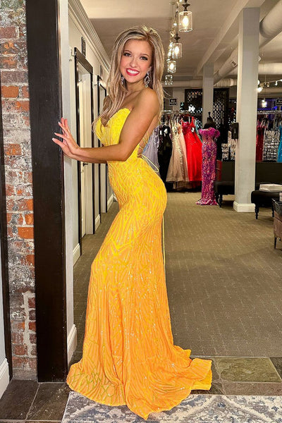 Yellow Strapless Sequins Mermaid Long Prom Dresses VK24040303