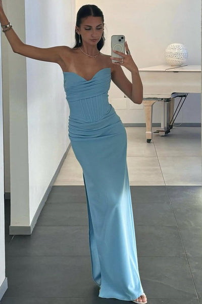 Mermaid Strapless Blue Satin Pleats Long Prom Dresses with Slit VK26011708