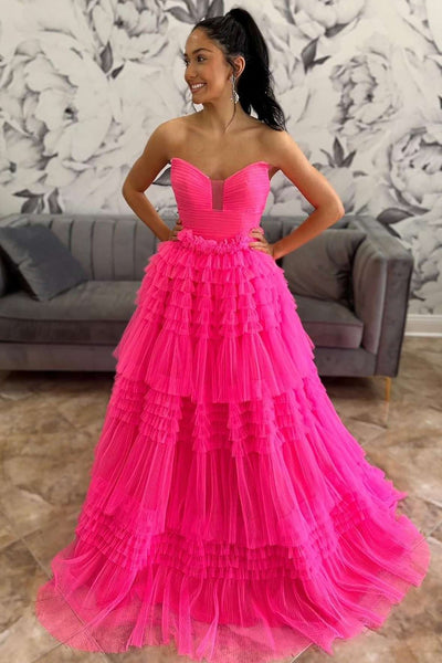 Hot Pink Strapless A-Line Tiered Tulle Formal Dress VK23113007