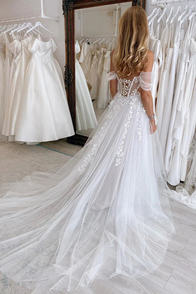 Off the Shoulder White Tulle Wedding Dresses with Appliques VK1312803