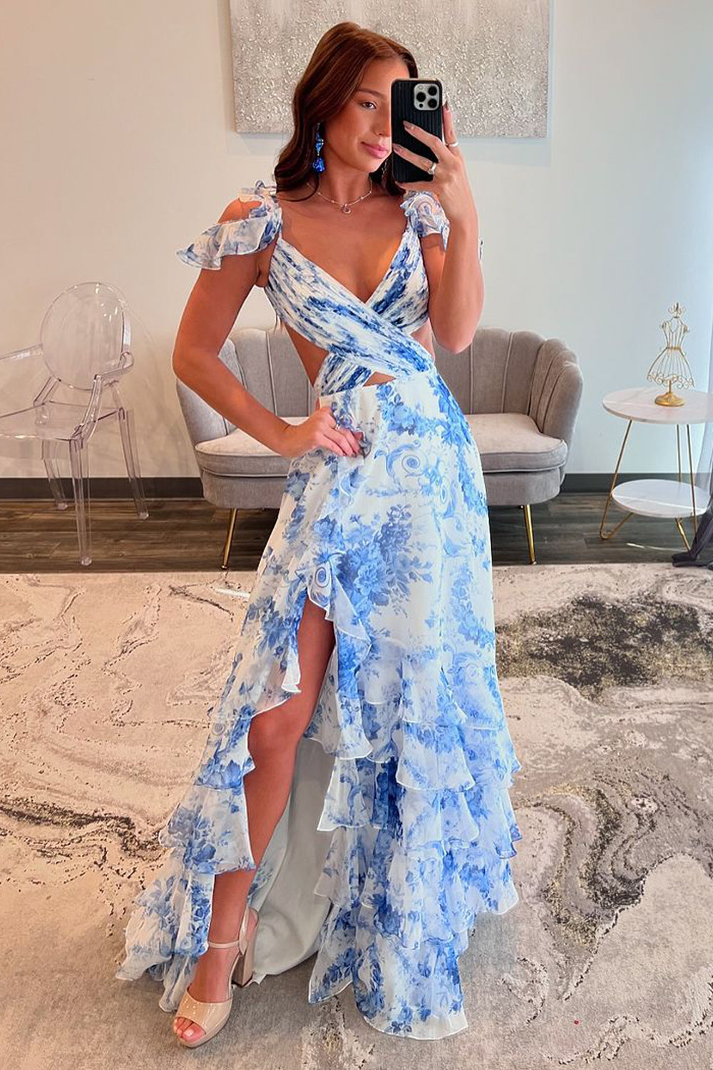 Fairy Sheath V Neck Floral Printed Chiffon Long Prom Dress with Slit