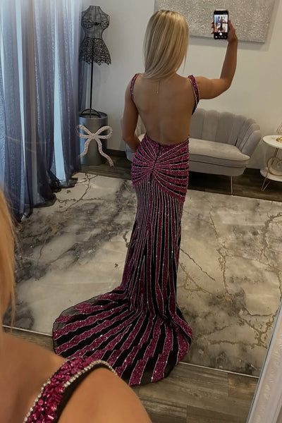 Luxurious Mermaid V Neck Sequins Cutout Backless Long Prom Dresses with Slit VK26021001