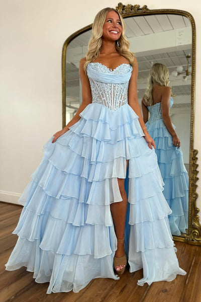 A-Line Sweetheart Red Ruffle Tiered Chiffon Long Prom Dresses with Side Split VK25101705