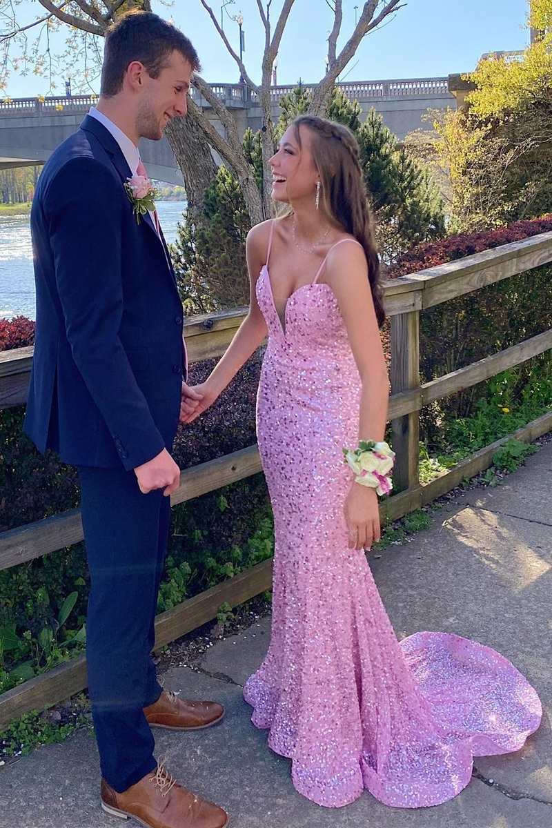 Pink Sequin Plunge V Mermaid Long Prom Dress VK23121207