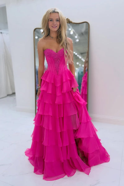 A-Line Strapless Yellow Ruffle Tiered Chiffon Prom Dresses with Slit VK26012610