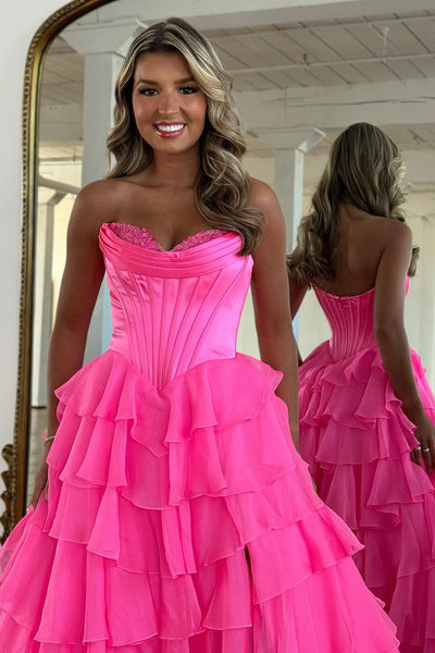 A-Line Strapless Lilac Ruffle Tiered Long Prom Dress with Slit VK25031101