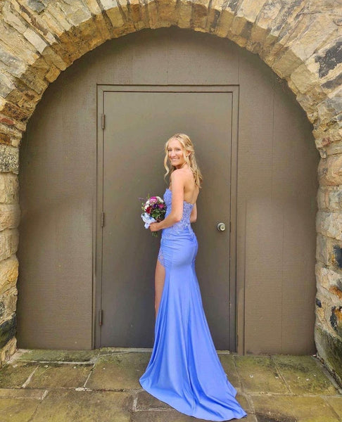 Charming Mermaid Sweetheart Blue Satin Long Prom Dresses with Appliques VK23051402
