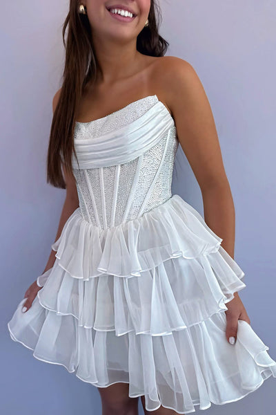 A Line Scoop Neck White Chiffon Tiered Homecoming Dress with Hot Stone Beading VK073105