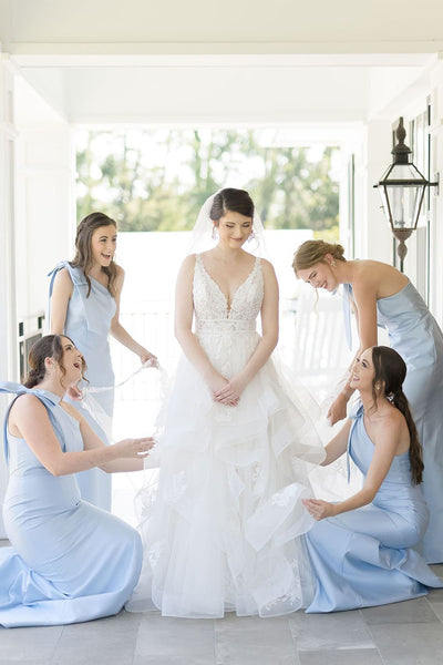 Elegant One Shoulder Mermaid Light Blue Satin Long Bridesmaid Dresses VK24053101