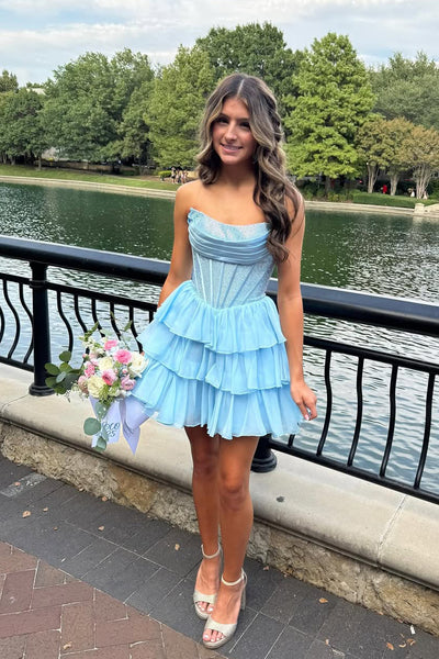 Light Blue Beaded Ruffle Tiered Short Homecoming Dresses VK25092408