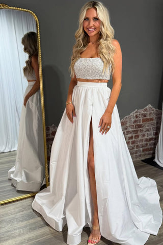Cute Ball Gown Strapless Two Piece Satin Long Prom Dress with Beading VK25052904