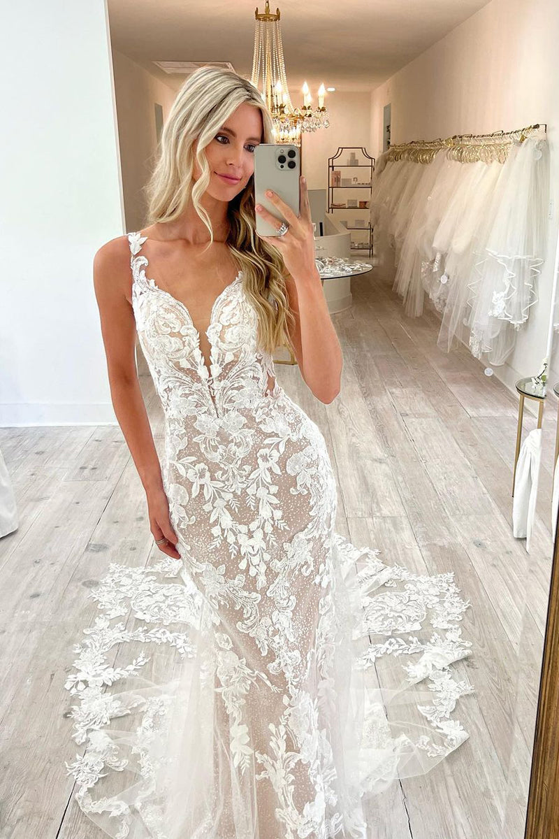 Mermaid V Neck White Lace Wedding Dress VK23090203