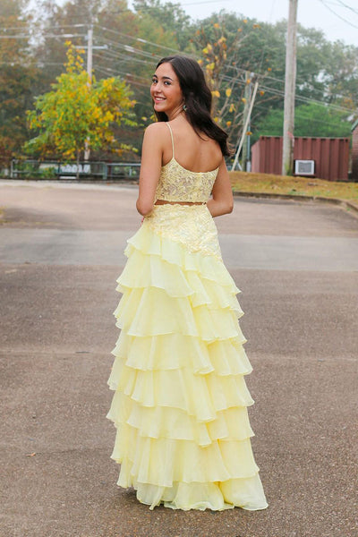 Cute Scoop Neck Daffodial Tiered Chiffon Prom Dress