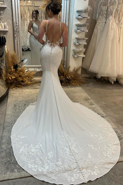 Mermaid V Neck Satin Wedding Dresses with Appliques VK23122206