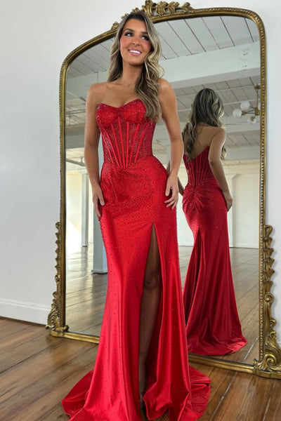 Gorgeous Mermaid Strapless Royal Blue Corset Beaded Prom Dresses with Slit VK26020508