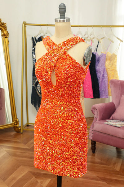 Sparkly Orange Cross V-Neck Sequins Tight Homecoming Dress VK23062110