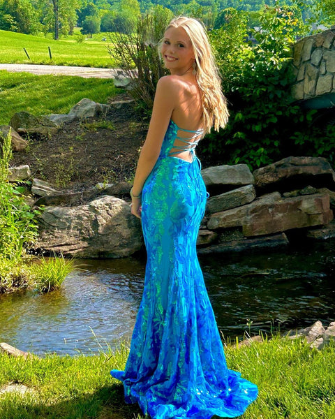 Sparkly Mermaid V Neck Blue Sequins Lace Long Prom Dresses VK23052106