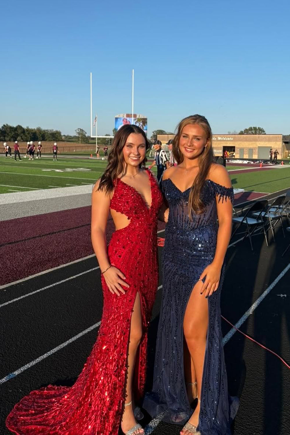 Gorgeous Mermaid V Neck Red Sequins Beading Long Prom Dress with Slit VK25100702