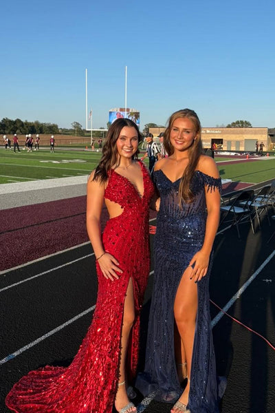 Gorgeous Mermaid V Neck Red Sequins Beading Long Prom Dress with Slit VK25100702