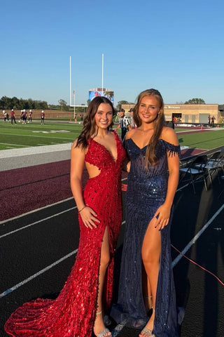 Gorgeous Mermaid V Neck Red Sequins Beading Long Prom Dress with Slit VK25100702