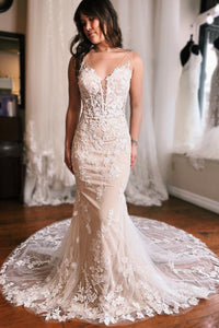 Elegant Mermaid V Neck Tulle Lace Wedding Dress VK23090204