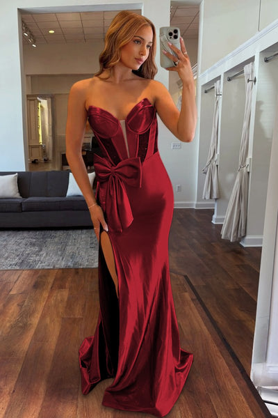 Emerald Sweetheart Mermaid Satin Long Prom Dresses With Bowknot