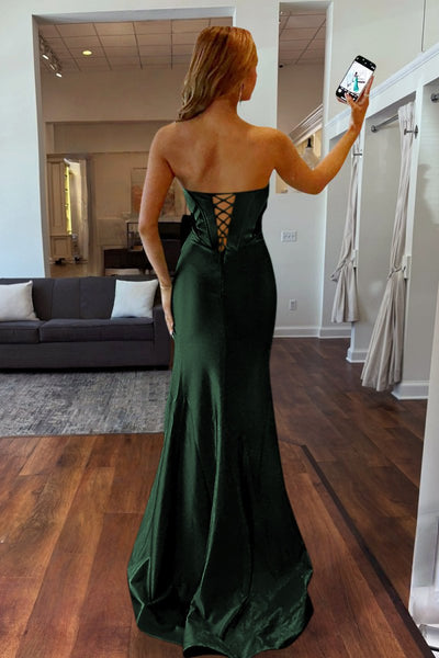 Emerald Sweetheart Mermaid Satin Long Prom Dresses With Bowknot