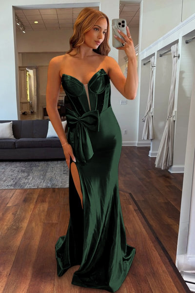 Emerald Sweetheart Mermaid Satin Long Prom Dresses With Bowknot