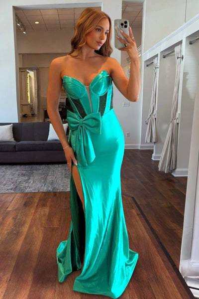 Emerald Sweetheart Mermaid Satin Long Prom Dresses With Bowknot