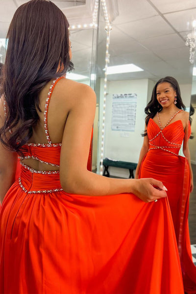 Orange Halter Beaded Long Prom Dresses with Train VK24032005