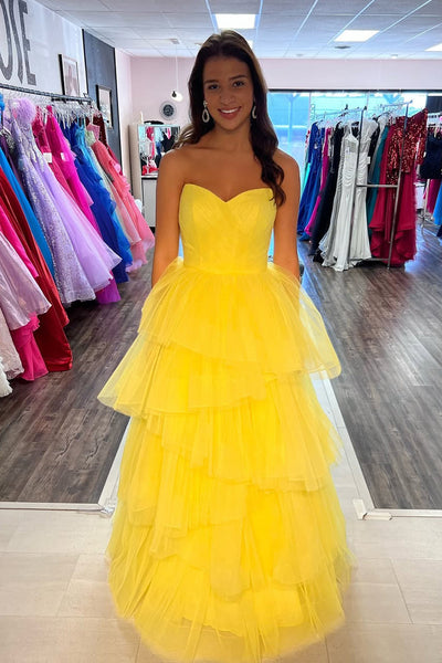 Cute Ball Gown Sweetheart Yellow Tulle Tiered Long Prom Dresses VK24120304