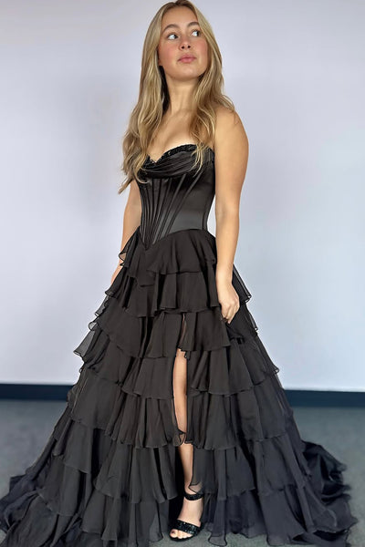 A-Line Strapless Ruffle Tiered Long Prom Dresses with Slit VK25031602