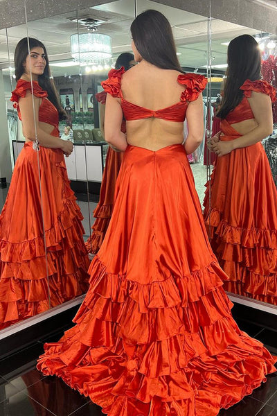 Coral Cutout Ruffle A-Line Long Prom Dress with Slit VK23121601