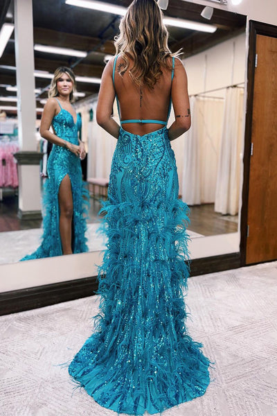 Jade Sequin Lace V Neck Mermaid Prom Dresses with Slit VK23112408