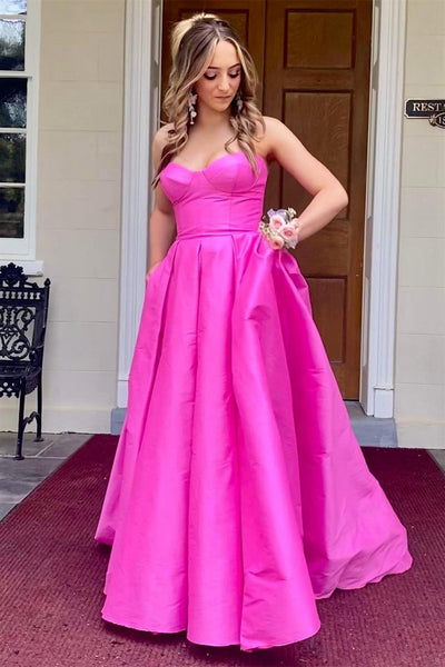 Fuchsia Strapless Satin Sweeping Long Prom Dress VK23092409