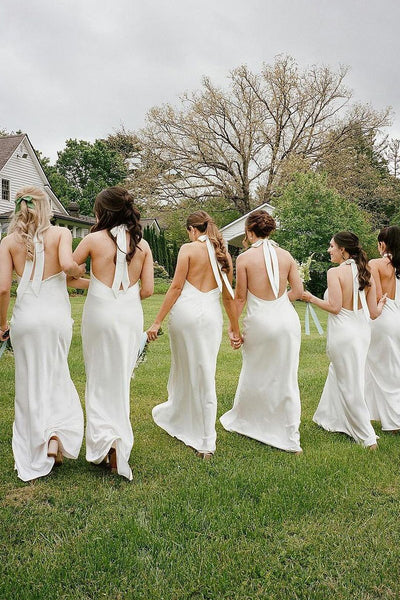 Sheath Halter White Silk Satin Long Bridesmaid Dresses VK24030203