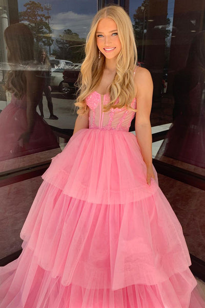 Cute A-Line Pink Tiered Tulle Long Prom Dresses VK24022002