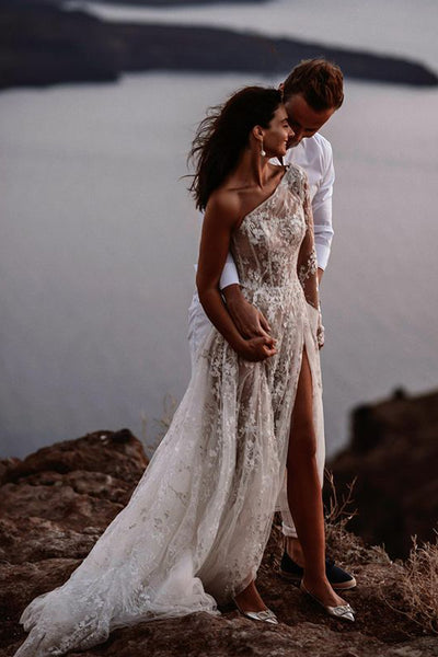 Charming A-Line One Shoulder White Lace Beach Wedding Dresses with Slit VK25111501